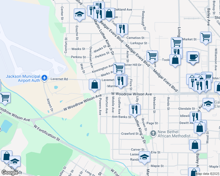 map of restaurants, bars, coffee shops, grocery stores, and more near 1106 Marine Street in Jackson