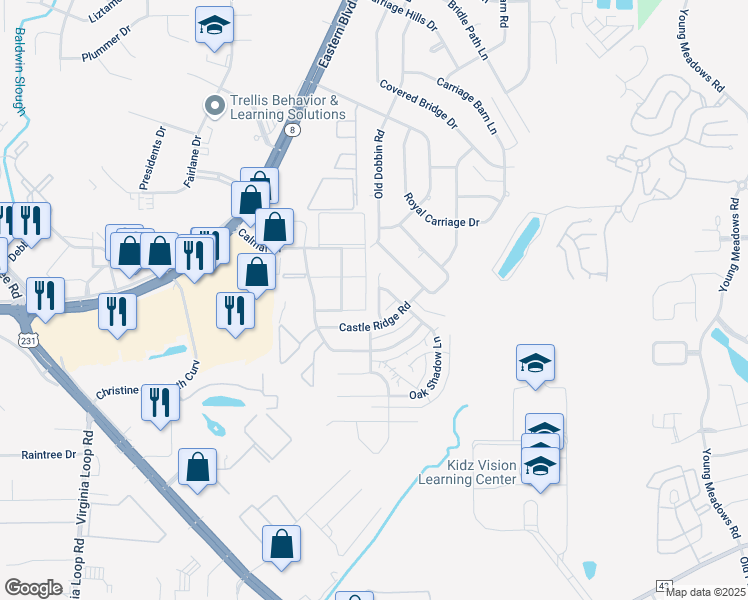 map of restaurants, bars, coffee shops, grocery stores, and more near 3444 Wickham Road in Montgomery