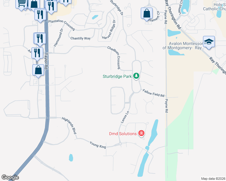 map of restaurants, bars, coffee shops, grocery stores, and more near 8491 Rockbridge Circle in Montgomery