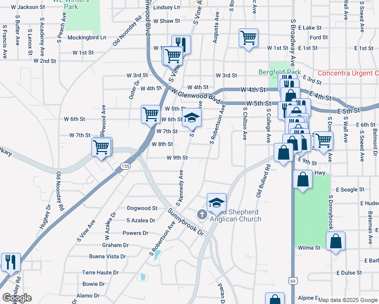 map of restaurants, bars, coffee shops, grocery stores, and more near 2014 South Kennedy Avenue in Tyler