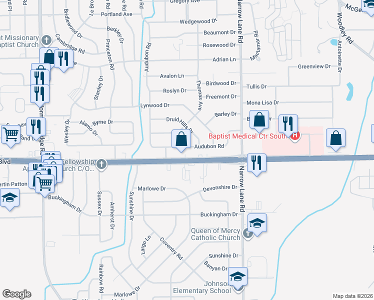 map of restaurants, bars, coffee shops, grocery stores, and more near 1240 East Audubon Road in Montgomery
