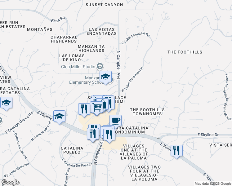 map of restaurants, bars, coffee shops, grocery stores, and more near 3001-3015 East Table Mountain Road in Tucson