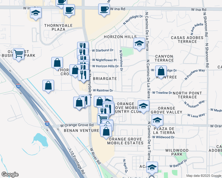 map of restaurants, bars, coffee shops, grocery stores, and more near 3657 West Brambly Drive in Tucson