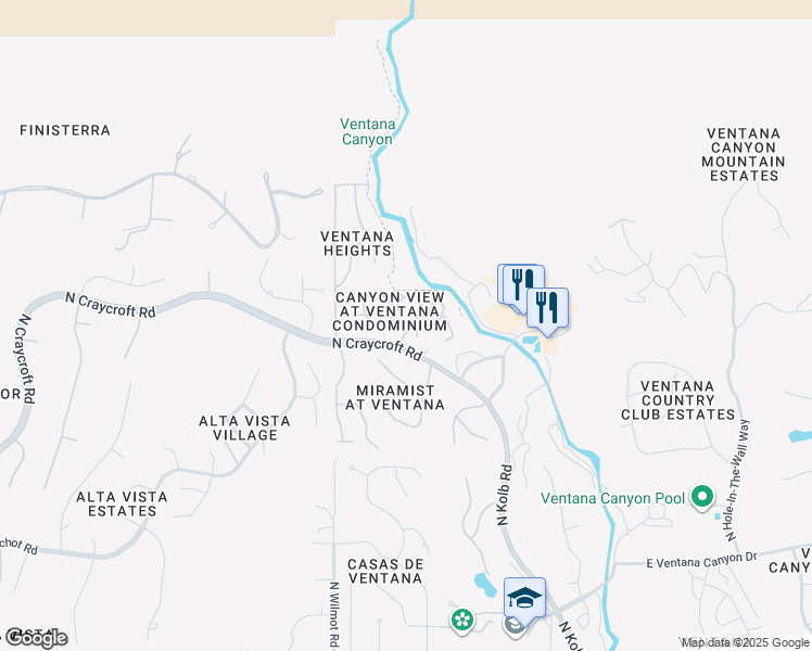 map of restaurants, bars, coffee shops, grocery stores, and more near 6655 North Canyon Crest Drive in Tucson