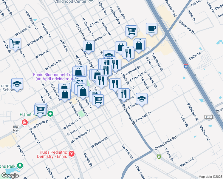 map of restaurants, bars, coffee shops, grocery stores, and more near 201 South Kaufman Street in Ennis