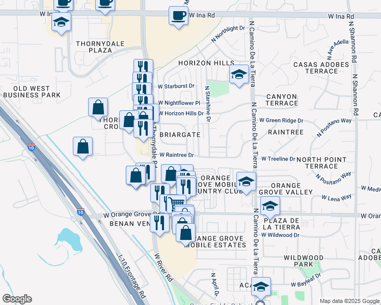 map of restaurants, bars, coffee shops, grocery stores, and more near 3657 West Brambly Drive in Tucson