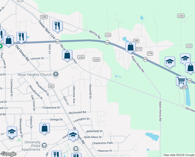 map of restaurants, bars, coffee shops, grocery stores, and more near 1029 Old Henderson Highway in Tyler