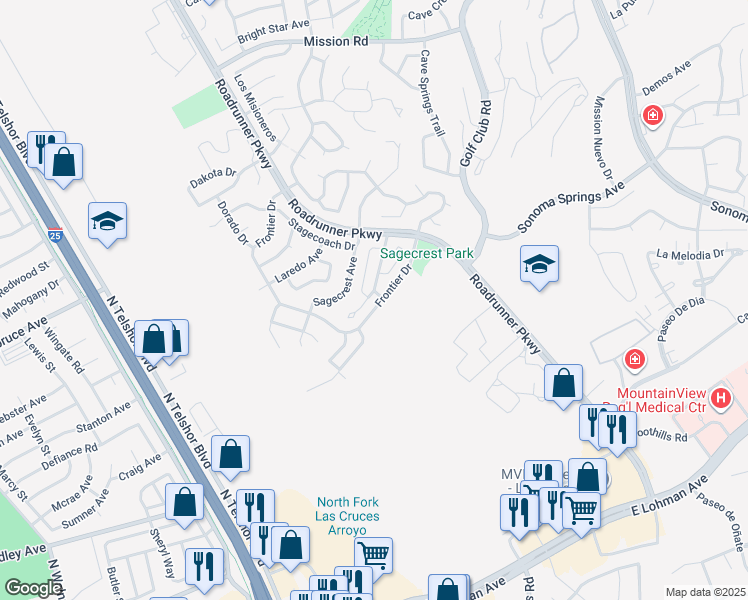 map of restaurants, bars, coffee shops, grocery stores, and more near 501 Roadrunner Parkway in Las Cruces