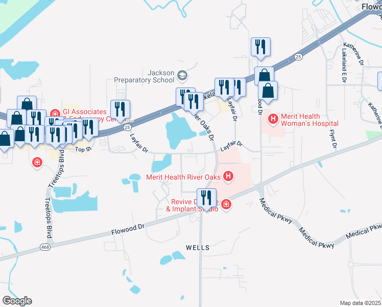 map of restaurants, bars, coffee shops, grocery stores, and more near 271 Layfair Drive in Flowood