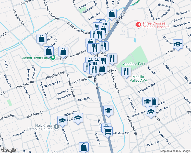 map of restaurants, bars, coffee shops, grocery stores, and more near 2200 North Main Street in Las Cruces