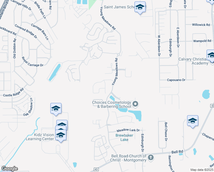 map of restaurants, bars, coffee shops, grocery stores, and more near 3908 Barons Court in Montgomery