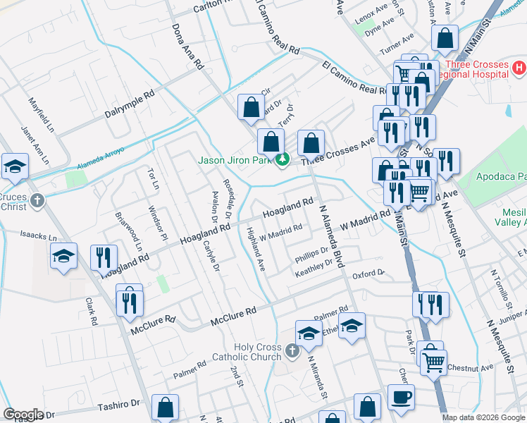 map of restaurants, bars, coffee shops, grocery stores, and more near 2000 Rose Lane in Las Cruces