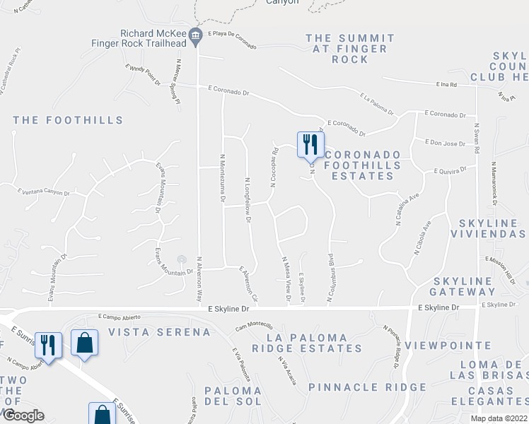 map of restaurants, bars, coffee shops, grocery stores, and more near 6666 North Mesa View Drive in Tucson