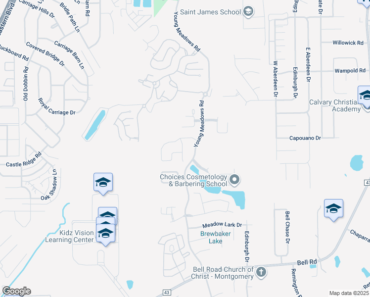 map of restaurants, bars, coffee shops, grocery stores, and more near 3908 Barons Court in Montgomery