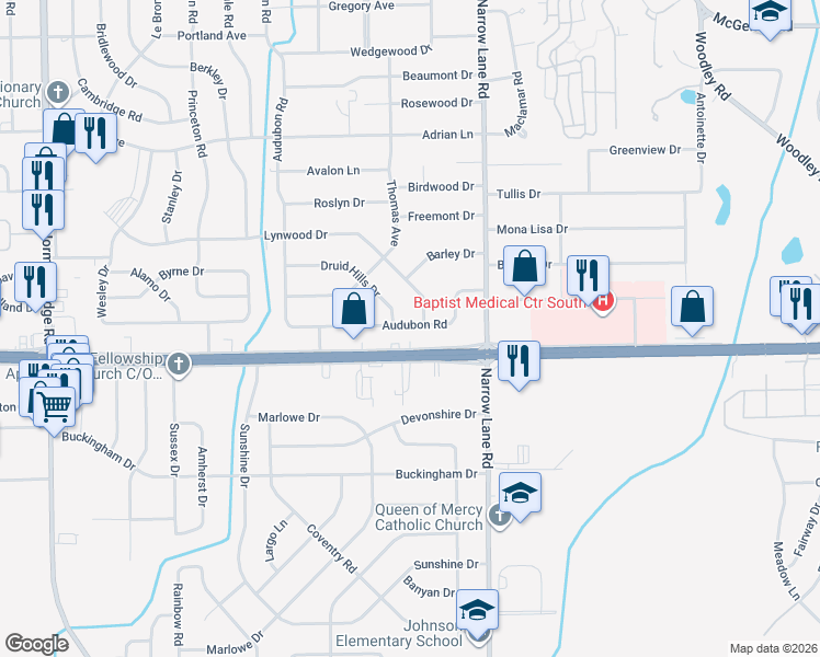 map of restaurants, bars, coffee shops, grocery stores, and more near 1227 Lynwood Drive in Montgomery