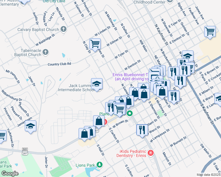 map of restaurants, bars, coffee shops, grocery stores, and more near 409 North Clay Street in Ennis
