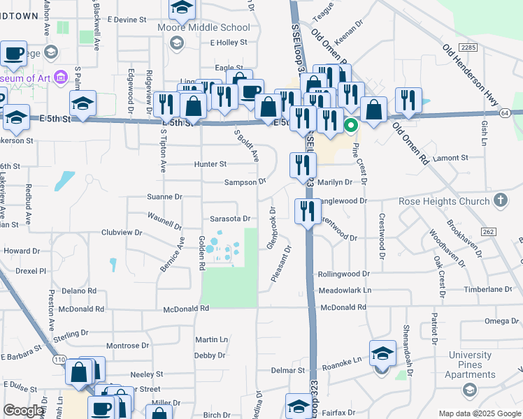 map of restaurants, bars, coffee shops, grocery stores, and more near 2010 South Boldt Avenue in Tyler