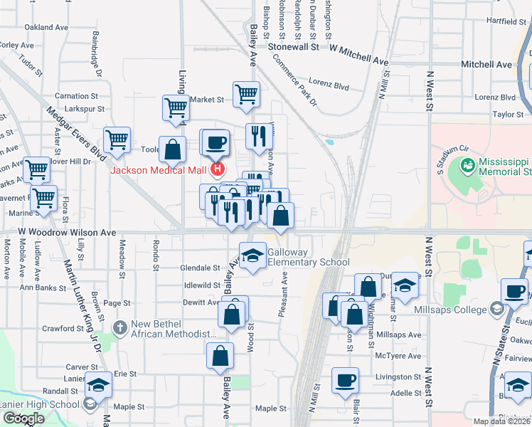 map of restaurants, bars, coffee shops, grocery stores, and more near 2437 Williamson Avenue in Jackson