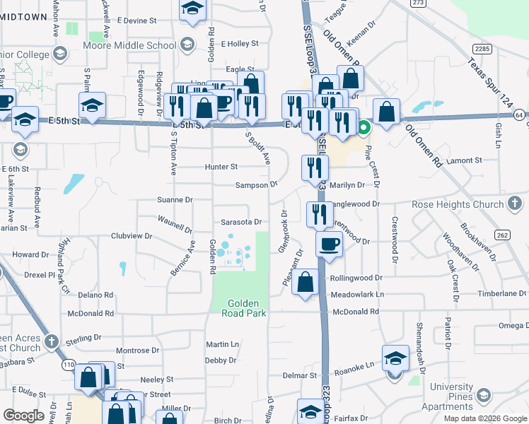map of restaurants, bars, coffee shops, grocery stores, and more near 2011 South Boldt Avenue in Tyler