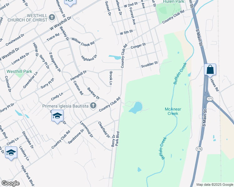 map of restaurants, bars, coffee shops, grocery stores, and more near 1203 Brook Lane in Cleburne
