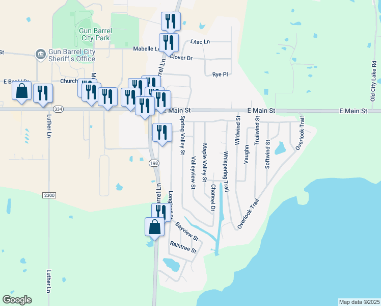 map of restaurants, bars, coffee shops, grocery stores, and more near 105 Valleyview Street in Gun Barrel City