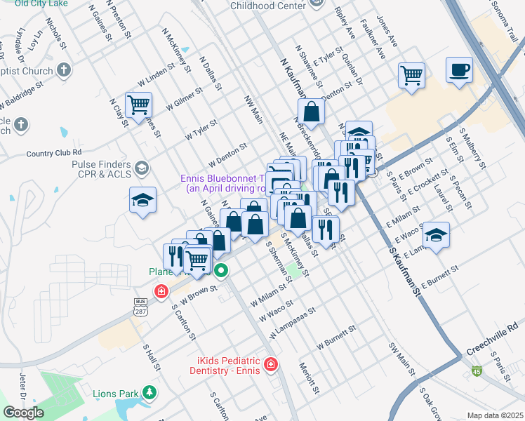 map of restaurants, bars, coffee shops, grocery stores, and more near 205 North McKinney Street in Ennis