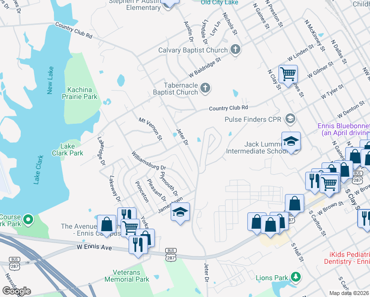 map of restaurants, bars, coffee shops, grocery stores, and more near 906 Royse Ridge Road in Ennis