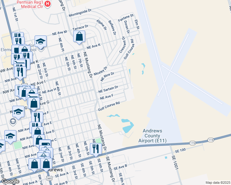 map of restaurants, bars, coffee shops, grocery stores, and more near 919 Northeast Avenue F in Andrews