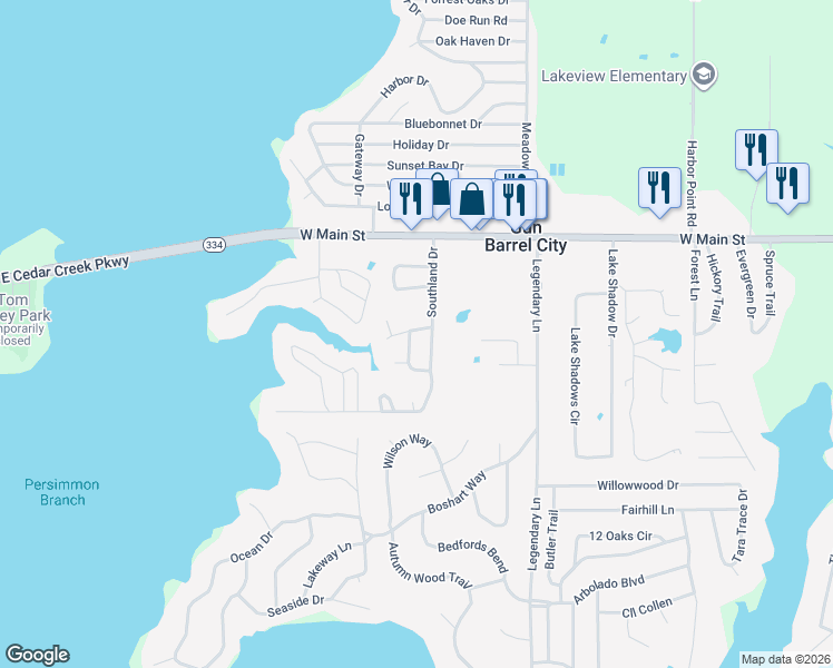 map of restaurants, bars, coffee shops, grocery stores, and more near 101 Finch Lane in Gun Barrel City