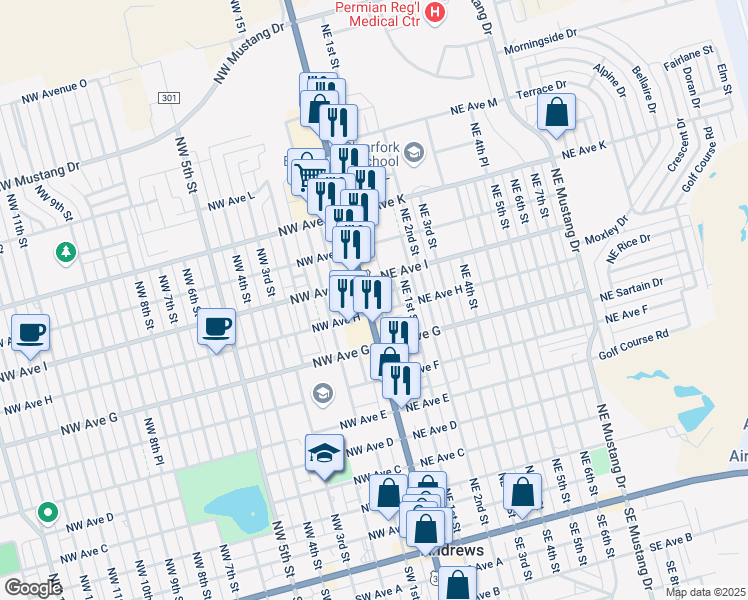 map of restaurants, bars, coffee shops, grocery stores, and more near 911 Northeast Avenue I in Andrews
