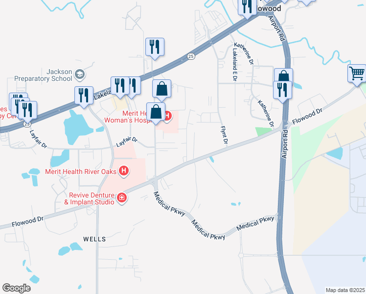 map of restaurants, bars, coffee shops, grocery stores, and more near 509 Dexter Drive in Flowood