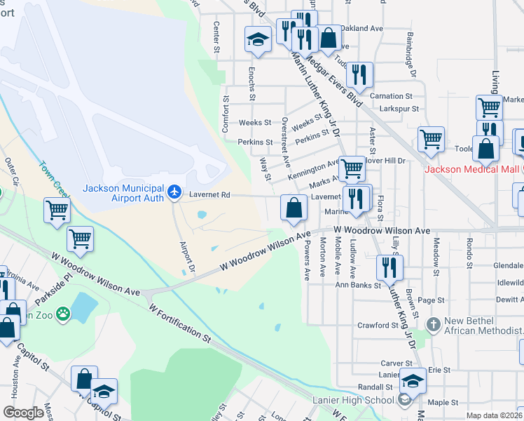 map of restaurants, bars, coffee shops, grocery stores, and more near 2429 Courtview Street in Jackson
