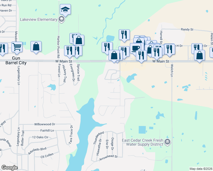 map of restaurants, bars, coffee shops, grocery stores, and more near 107 Arrow Way in Gun Barrel City