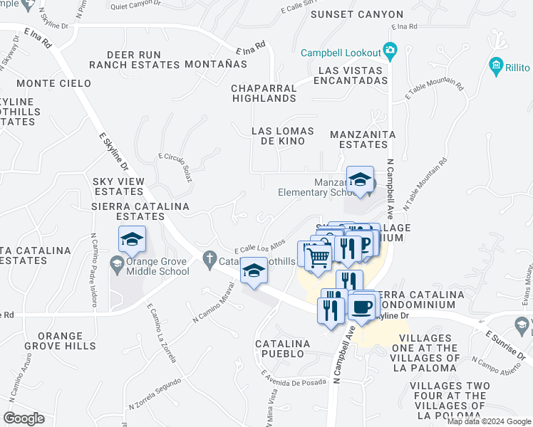 map of restaurants, bars, coffee shops, grocery stores, and more near 6651 North Altos Segundo in Tucson