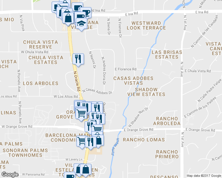 map of restaurants, bars, coffee shops, grocery stores, and more near 6665 North Casas Adobes Drive in Tucson