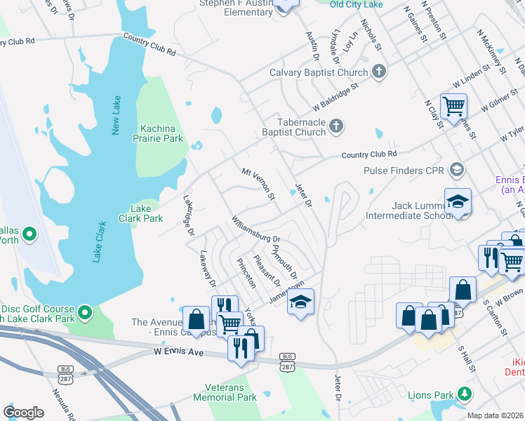 map of restaurants, bars, coffee shops, grocery stores, and more near 1701 Lexington Dr in Ennis