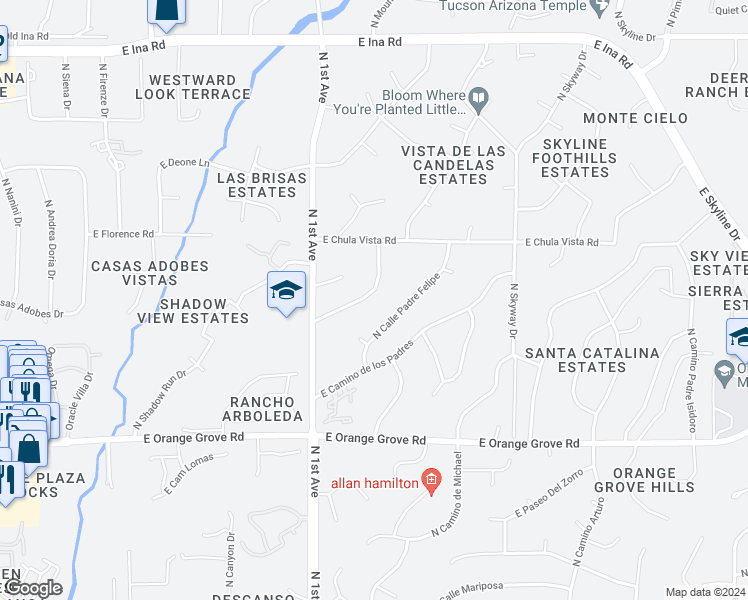 map of restaurants, bars, coffee shops, grocery stores, and more near 818 East Camino de Fray Marcos in Tucson