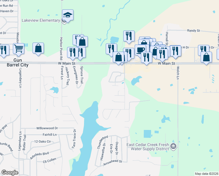 map of restaurants, bars, coffee shops, grocery stores, and more near 107 Arrow Way in Gun Barrel City