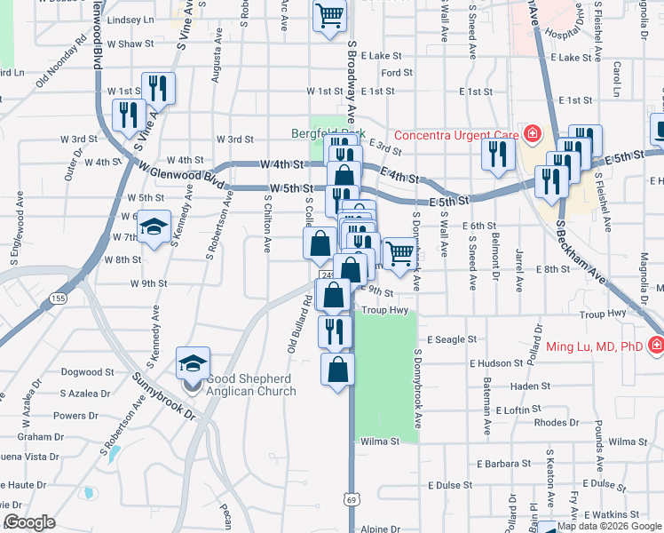 map of restaurants, bars, coffee shops, grocery stores, and more near 122 West 8th Street in Tyler