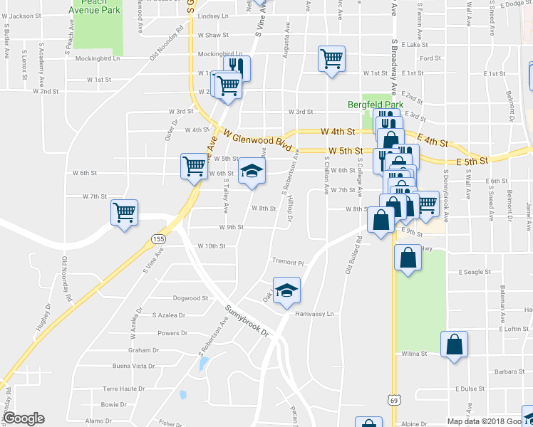 map of restaurants, bars, coffee shops, grocery stores, and more near 604 West 8th Street in Tyler