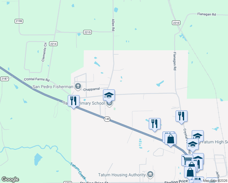 map of restaurants, bars, coffee shops, grocery stores, and more near County Road 2187 in Tatum