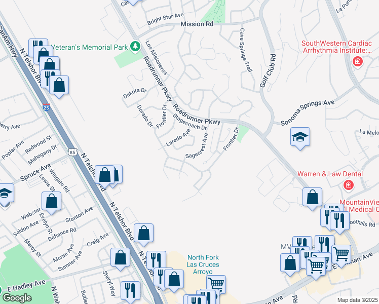 map of restaurants, bars, coffee shops, grocery stores, and more near 2121 Sagecrest Avenue in Las Cruces