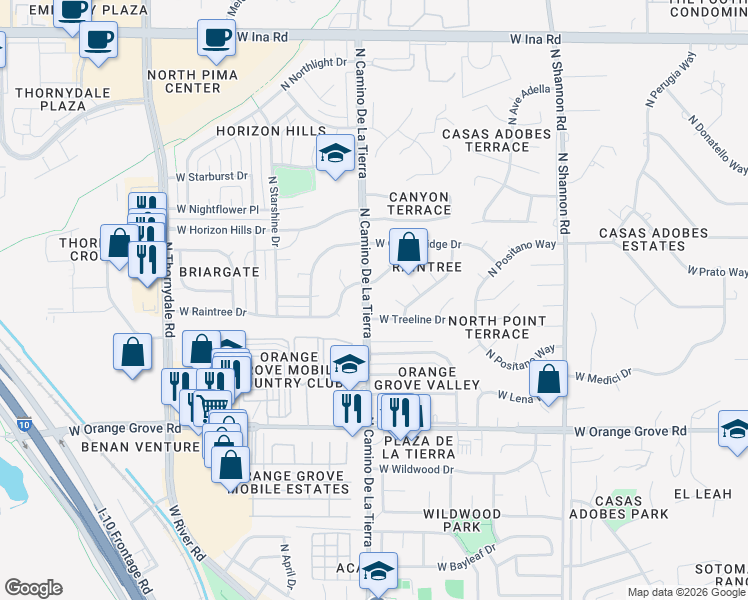 map of restaurants, bars, coffee shops, grocery stores, and more near 6634 North Camino De La Tierra in Tucson
