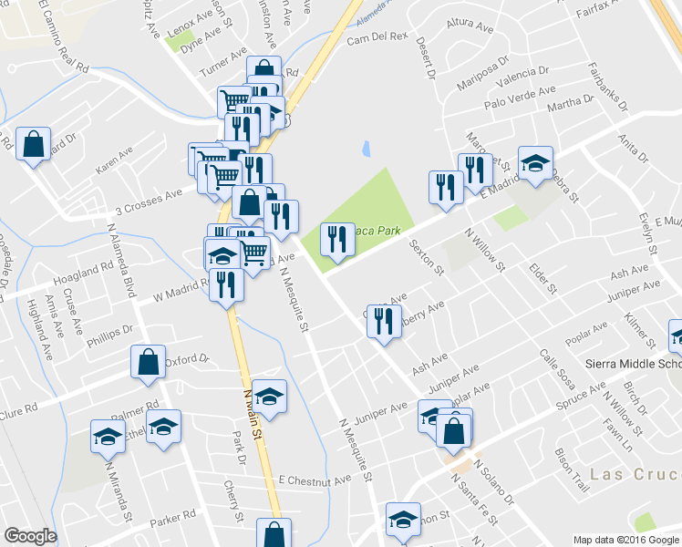 map of restaurants, bars, coffee shops, grocery stores, and more near 850 E Madrid Ave in Las Cruces