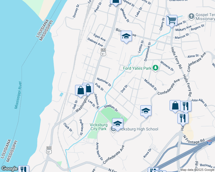 map of restaurants, bars, coffee shops, grocery stores, and more near 894 National St in Vicksburg