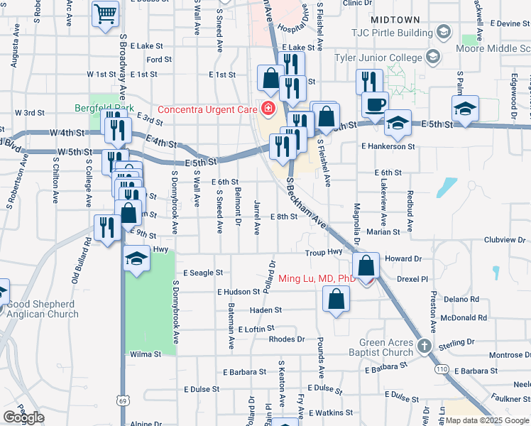 map of restaurants, bars, coffee shops, grocery stores, and more near 812 East 8th Street in Tyler