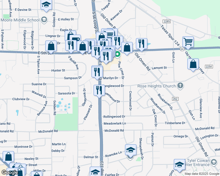 map of restaurants, bars, coffee shops, grocery stores, and more near 2725 Tanglewood Drive in Tyler