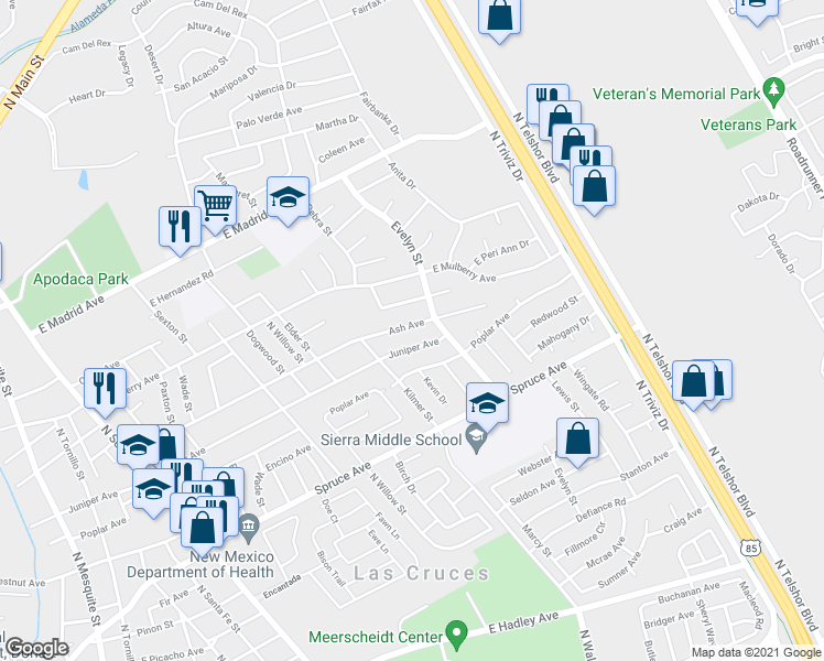 map of restaurants, bars, coffee shops, grocery stores, and more near 1832 Ash Avenue in Las Cruces