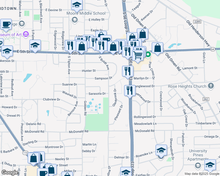 map of restaurants, bars, coffee shops, grocery stores, and more near 2000 South Boldt Avenue in Tyler