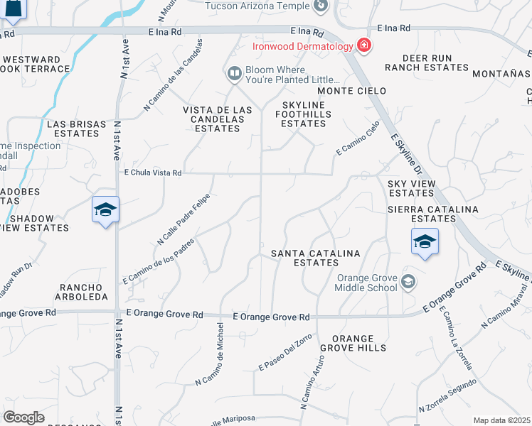 map of restaurants, bars, coffee shops, grocery stores, and more near 6640 North Skyway Drive in Tucson